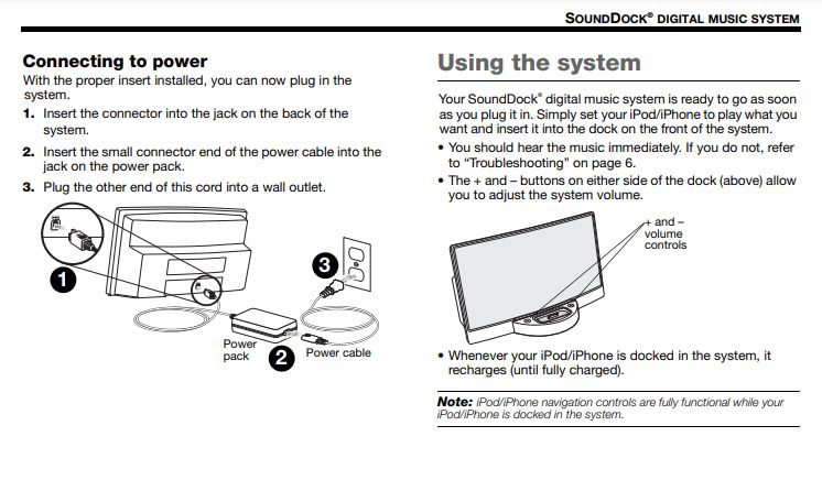 Ilustracja instrukcji obsługi systemu muzycznego SoundDock.