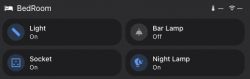 Home Assistant interface for a bedroom with four devices: light on, bar lamp off, socket on, and night lamp on.