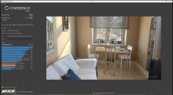 Zrzut ekranu z Cinebench R23 z wynikami testu CPU oraz wizualizacja pokoju.