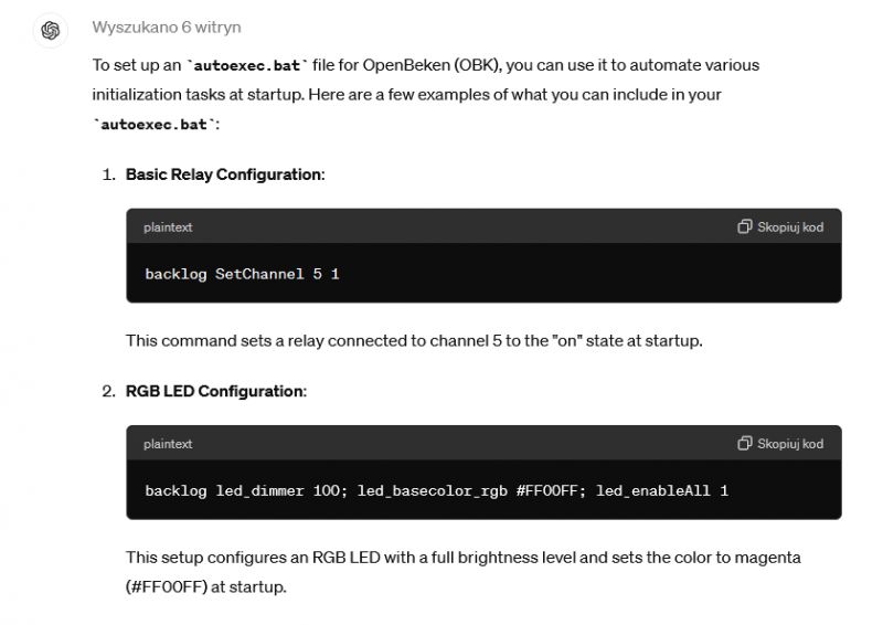 Zrzut ekranu przedstawiający przykłady konfiguracji autoexec.bat dla OpenBeken.