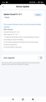 Device update screen showing firmware V1.13.1 with Update button and Auto Upgrade toggle