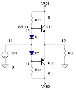 Class AB Push-Pull Amplifier Schematic Schematic of a class AB push-pull amplifier with transistors and diodes reducing crossover distortion.