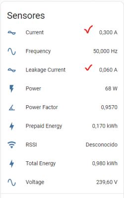 Measurement data list from a device showing values like current, frequency, power.