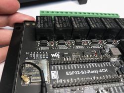 ESP32-S3-Relay-6CH board with relays and terminal blocks ESP32-S3 board with six relays and screw connectors visible