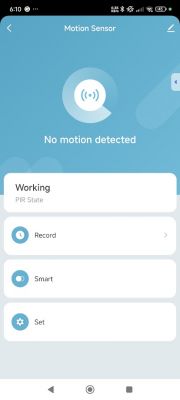 Tuya app screen on a smartphone displaying No motion detected.