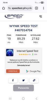 Wynik testu prędkości internetu: 89,29 Mb/s pobieranie, 27,62 Mb/s wysyłanie, ping 19 ms