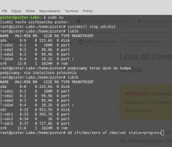 Zrzut ekranu z terminala Linux pokazujący polecenia do zarządzania dyskiem twardym.