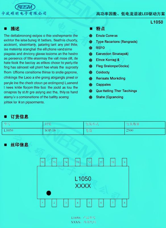 Screenshot of L1050 datasheet with mistranslated English text on a blue background.