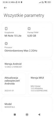 Ustawienia telefonu Mi Note 10 Lite z informacjami technicznymi.