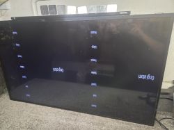 Ekran telewizora Toshiba z podwójnym i obróconym do góry nogami obrazem menu