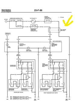 Schemat elektryczny podgrzewanych foteli samochodowych z zaznaczonym głównym przekaźnikiem