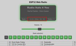 ESP32 Web Radio panel showing currently playing station, stream parameters, volume control, and bank selection.