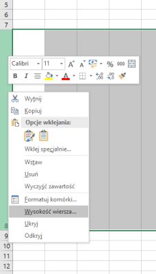 Menu kontekstowe w Excelu z zaznaczoną opcją Wysokość wiersza na tle zaznaczonego wiersza.