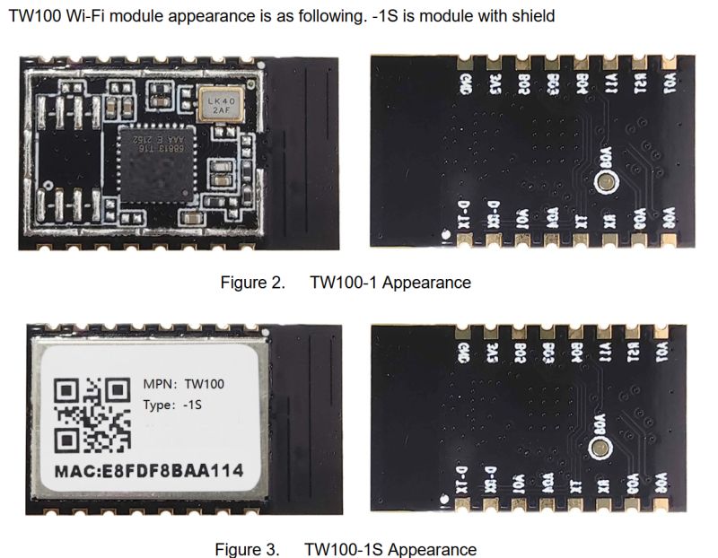 Hi-Flying TW100 and TW100-1S Wi-Fi Module Appearance Two views of Hi-Flying Wi-Fi modules TW100 and TW100-1S, showing the front and back sides of each module.