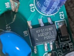 KP3116WP Chip on Printed Circuit Board Close-up of the KP3116WP chip on a printed circuit board.