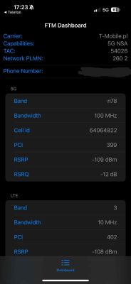 Parametry sygnału 5G i LTE z aplikacji FTM Dashboard Zrzut ekranu z aplikacji FTM Dashboard pokazujący parametry sygnału 5G i LTE sieci T-Mobile.