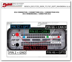 ECU connector with labeled pins and their functions for BOSCH EDC17C55 control unit.