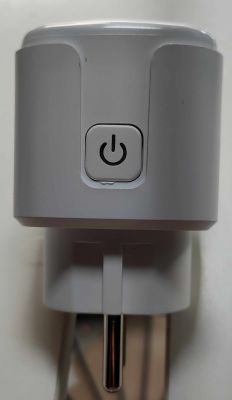 White plug with a power button on the front.