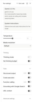 Zrzut ekranu ustawień uruchomieniowych modelu Gemini 2.5 Pro w interfejsie AI