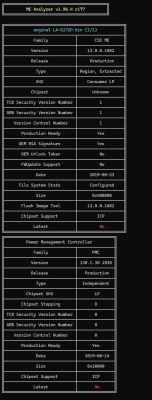 Zrzut ekranu z ME Analyzer z tabelami dla oryginał LA-G172P.bin i PMC
