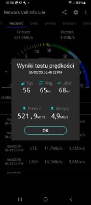Zrzut ekranu z aplikacji Network Cell Info Lite pokazujący wyniki testu prędkości sieci 5G: pobieranie 521,9 Mb/s, wysyłanie 4,9 Mb/s.