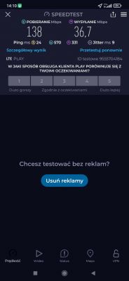 Wynik testu prędkości internetu LTE z prędkością pobierania 138 Mbps i wysyłania 36,7 Mbps.