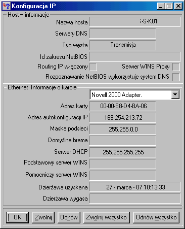Konflikt adresów IP na karcie sieciowej 142640-403 w Windows 98SE