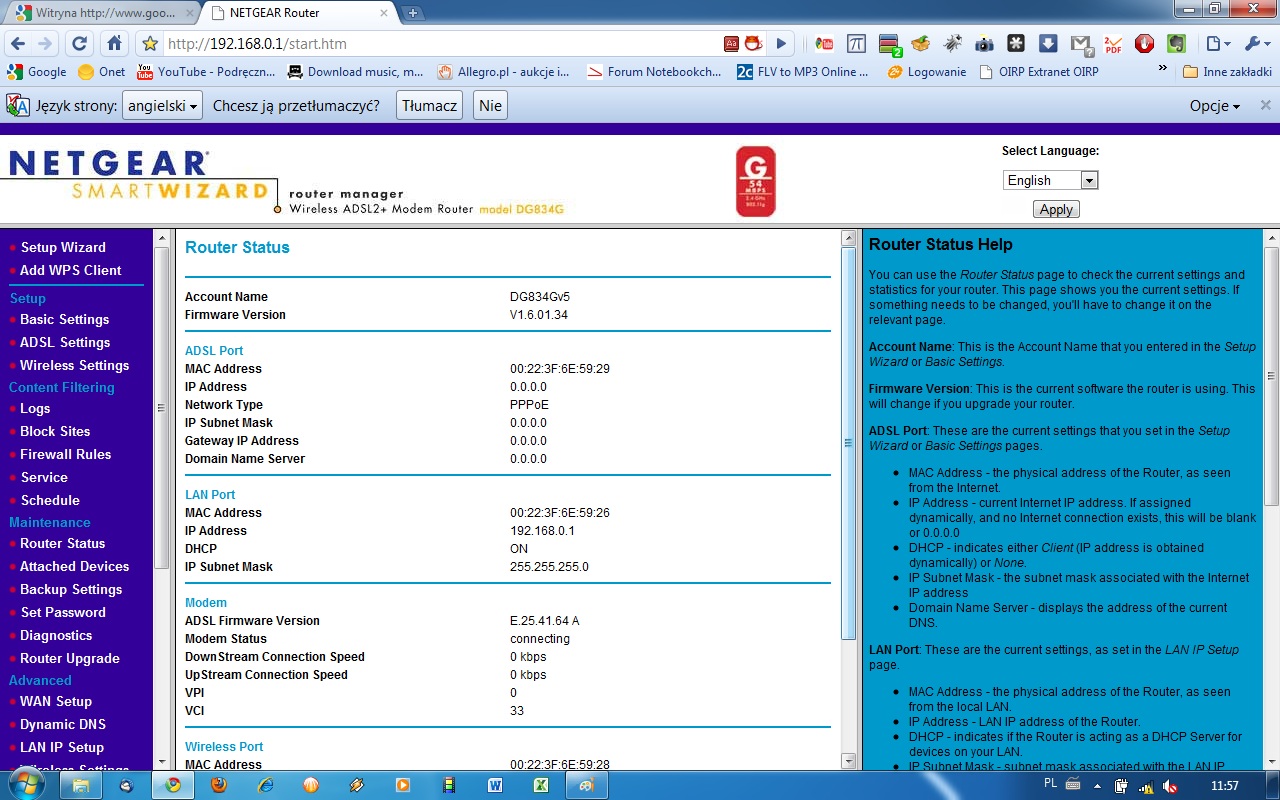 miga dioda status d-link Å‚Ä…czy DG834g (Thomson z MM siÄ™ nie Netgear THG540)