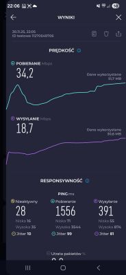 Wyniki testu prędkości Orange: pobieranie 34,2 Mbps, wysyłanie 18,7 Mbps, ping 1556 ms