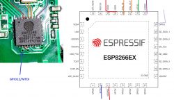 Close-up of an ESP8285 circuit board and ESP8266EX pinout diagram.