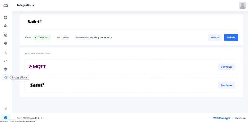 Ekran integracji systemu WebManager z aktywnym połączeniem Satel