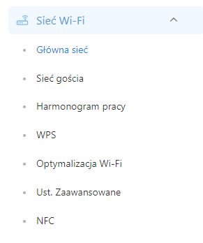 Menu ustawień Wi-Fi z opcjami takimi jak WPS, NFC i harmonogram pracy