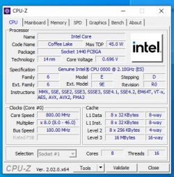 Zrzut ekranu z programu CPU-Z pokazujący specyfikację procesora Intel Core Coffee Lake.