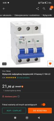 Wyłącznik nadprądowy typu LC TEC na ekranie smartfona.