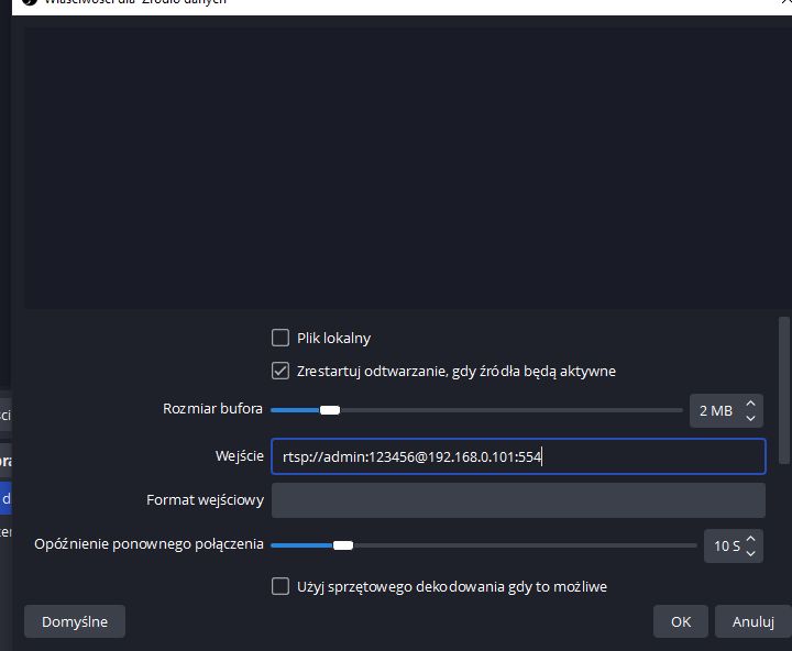 Ustawienia źródła danych w OBS Studio z wpisanym linkiem RTSP do kamery.