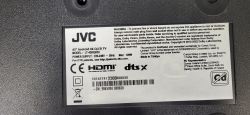 Back label on JVC LT-43KQ830 TV with technical specs and safety warnings