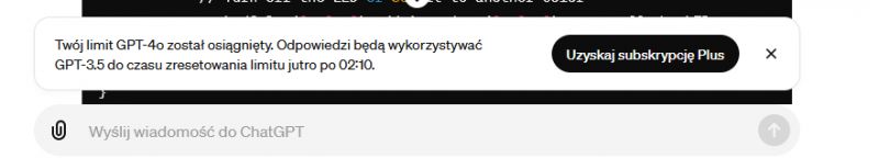 Komunikat o osiągnięciu limitu w GPT-4o z opcją subskrypcji Plus.