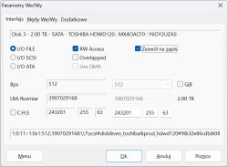 Okno „Parametry We/Wy” z ustawieniami dysku TOSHIBA 2 TB i zaznaczoną opcją „Zezwól na zapis”