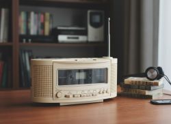 Beige cassette boombox on a wooden desk next to tapes and headphones