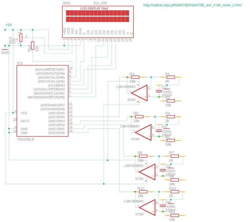Podłączenie LCD 2x16 w trybie 4-bitowym do ATTiny26 - schemat do sprawdzenia
