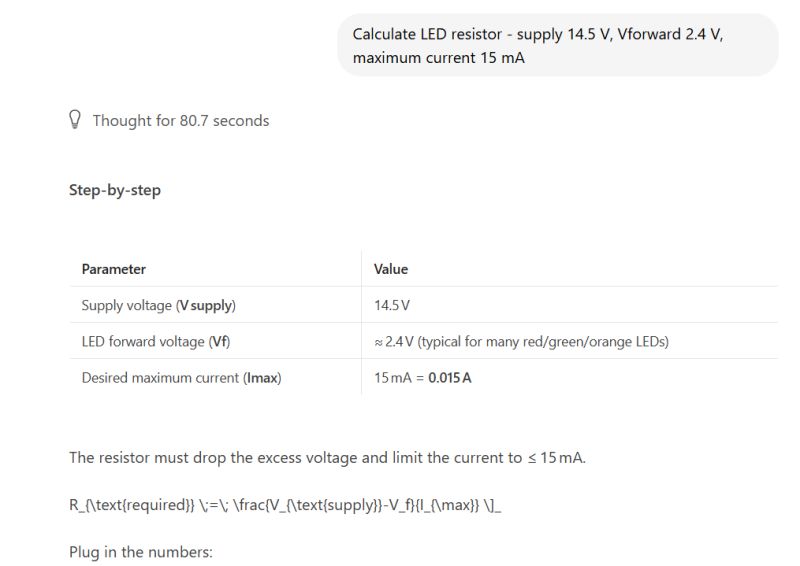 LED resistor calculation table; supply 14.5 V, forward voltage 2.4 V, current 15 mA