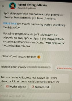 Czat z agentem obsługi klienta AliExpress dotyczący ochrony płatności i otwarcia sporu.