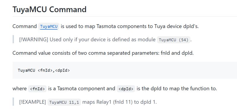 Screenshot of documentation describing the TuyaMCU command for mapping Tasmota components to Tuya device dpId.