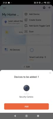 Adding a Security Camera in Smart Home App Smart home app screen showing option to add a security camera.