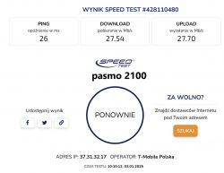 Wynik testu prędkości internetu, pasmo 2100, ping 26 ms, download 27.54 Mb/s, upload 27.70 Mb/s, operator T-Mobile Polska.