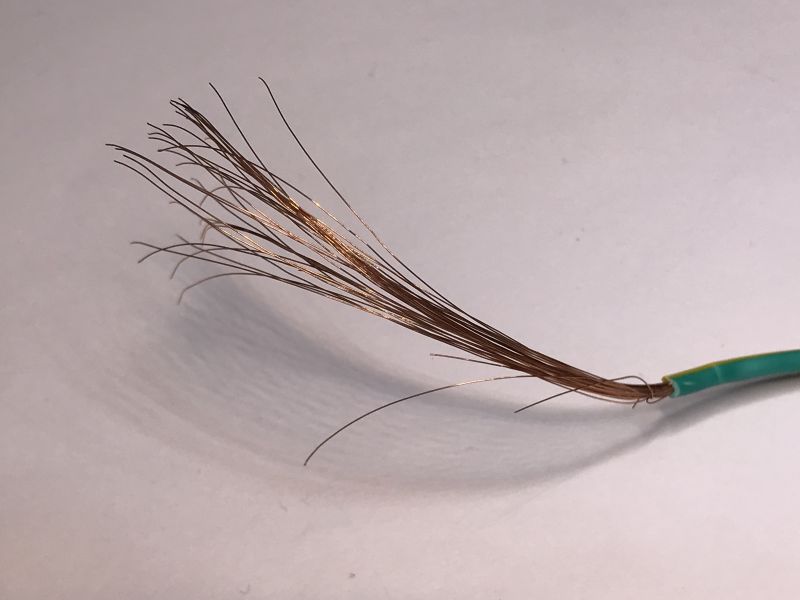 Exposed Copper Wire Exposed copper wire with thin, bare strands.