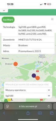 Strona internetowa SocWare z mapą i szczegółami technologicznymi sieci komórkowej w Brodowie.