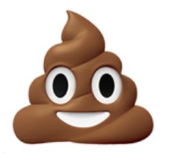 Brązowa buźka emoji przypominająca kupkę z uśmiechem i dużymi oczami