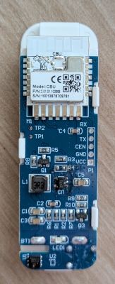 Close-up of a thermostat PCB with a WiFi module labeled CBU and part number 2.01.01.103308.