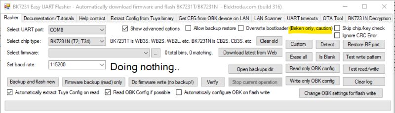 Screenshot of BK7231 Easy UART Flasher showing status text “Doing nothing..”